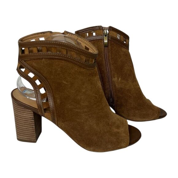 Franco Sarto Brown Suede Peep-Toe Block Heel Bootie 8.5 - Picture 1 of 6